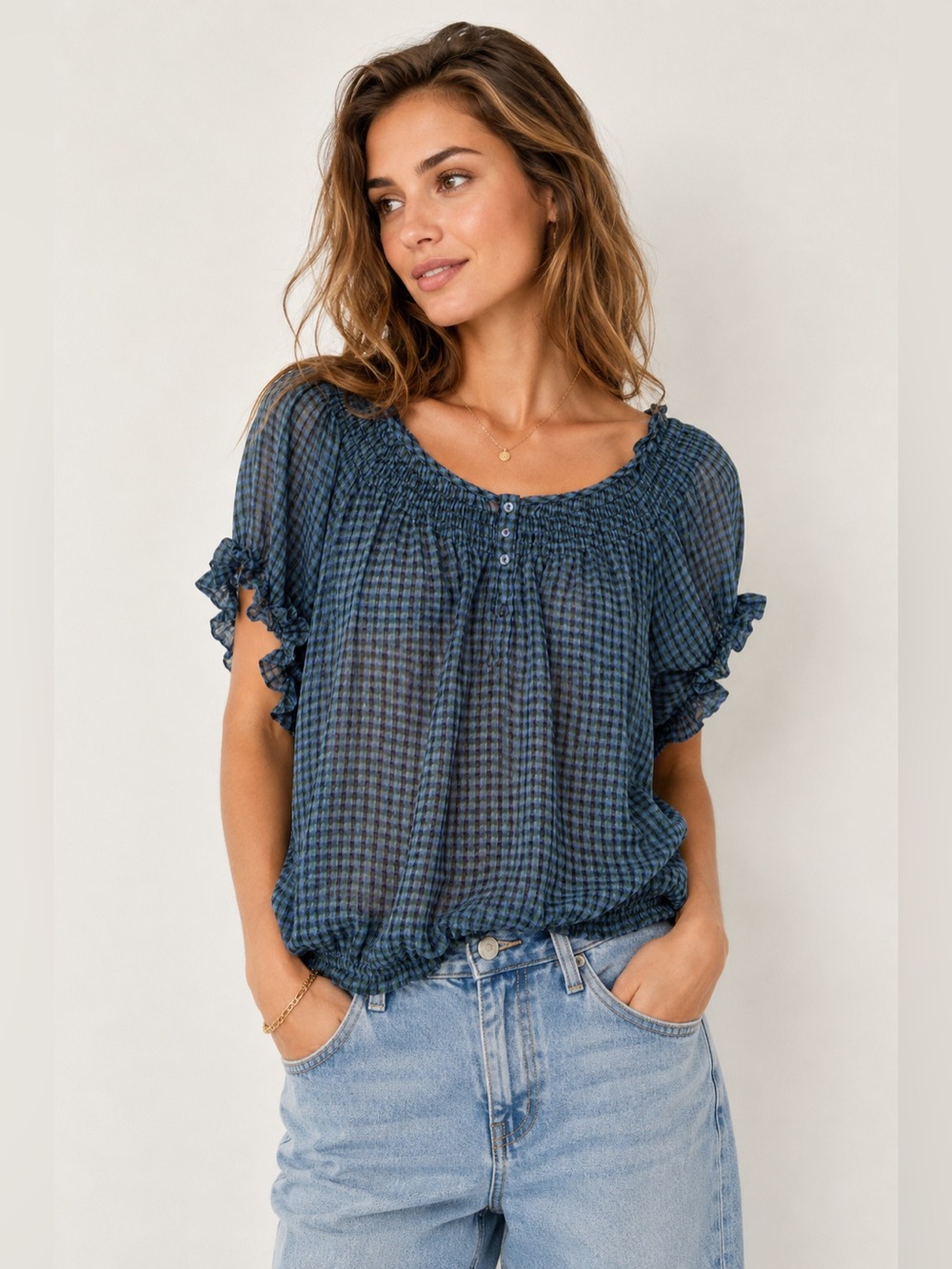 JOE FRESH | Navy and Black Plaid Short-Sleeve Peasant Blouse